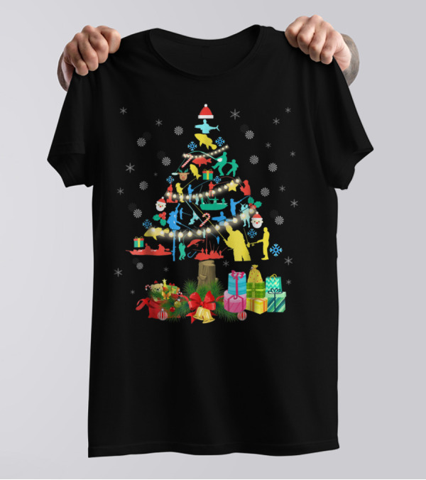 Fishing Christmas Pine Tree Santa Holiday Gift Presentation T-Shirt
