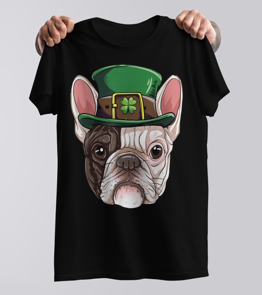 French Bulldog Leprechaun St Patricks Day Dog Wearing Green Hat With Shamrock T-Shirt