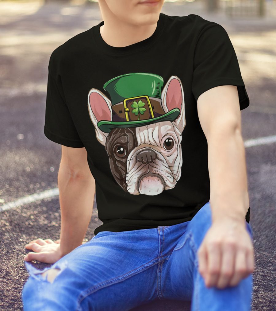 French Bulldog Leprechaun St Patricks Day Dog Wearing Green Hat With Shamrock T-Shirt