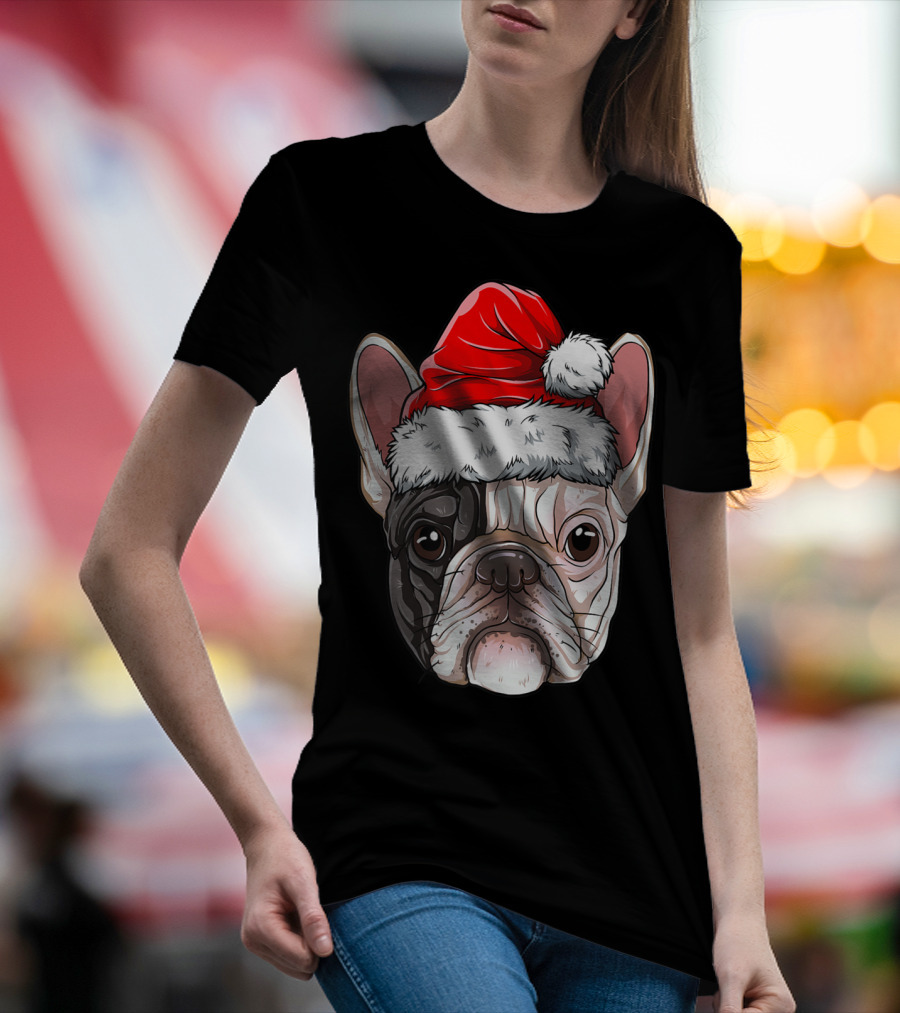 French Bulldog In Santa Hat Christmas T-Shirt