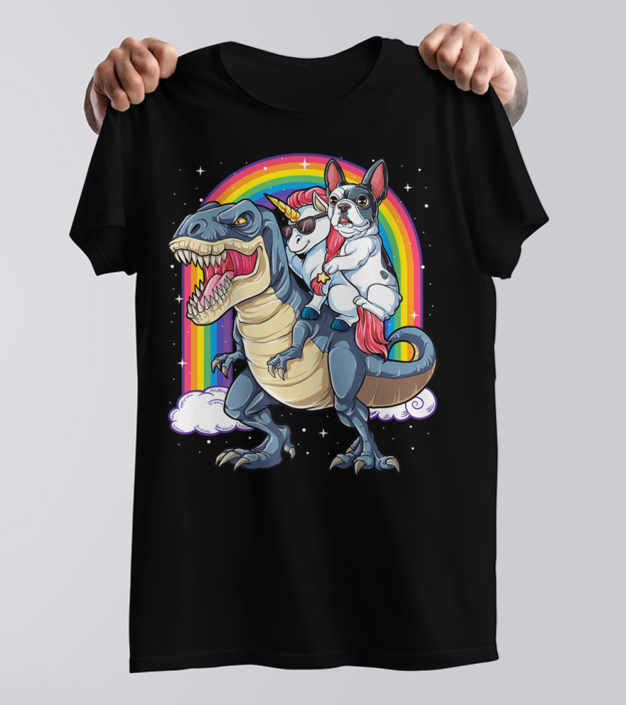 French Bulldog Unicorn Riding Dinosaur Rex With Rainbow Stars T-Shirt