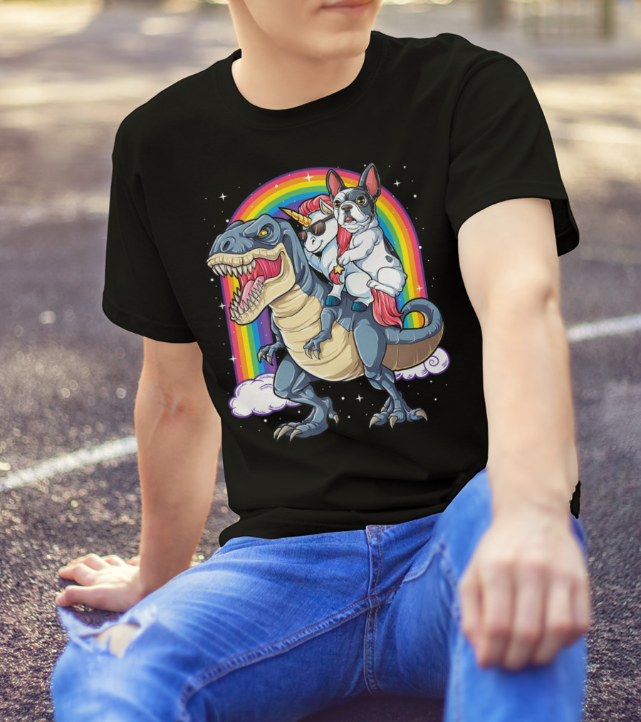 French Bulldog Unicorn Riding Dinosaur Rex With Rainbow Stars T-Shirt