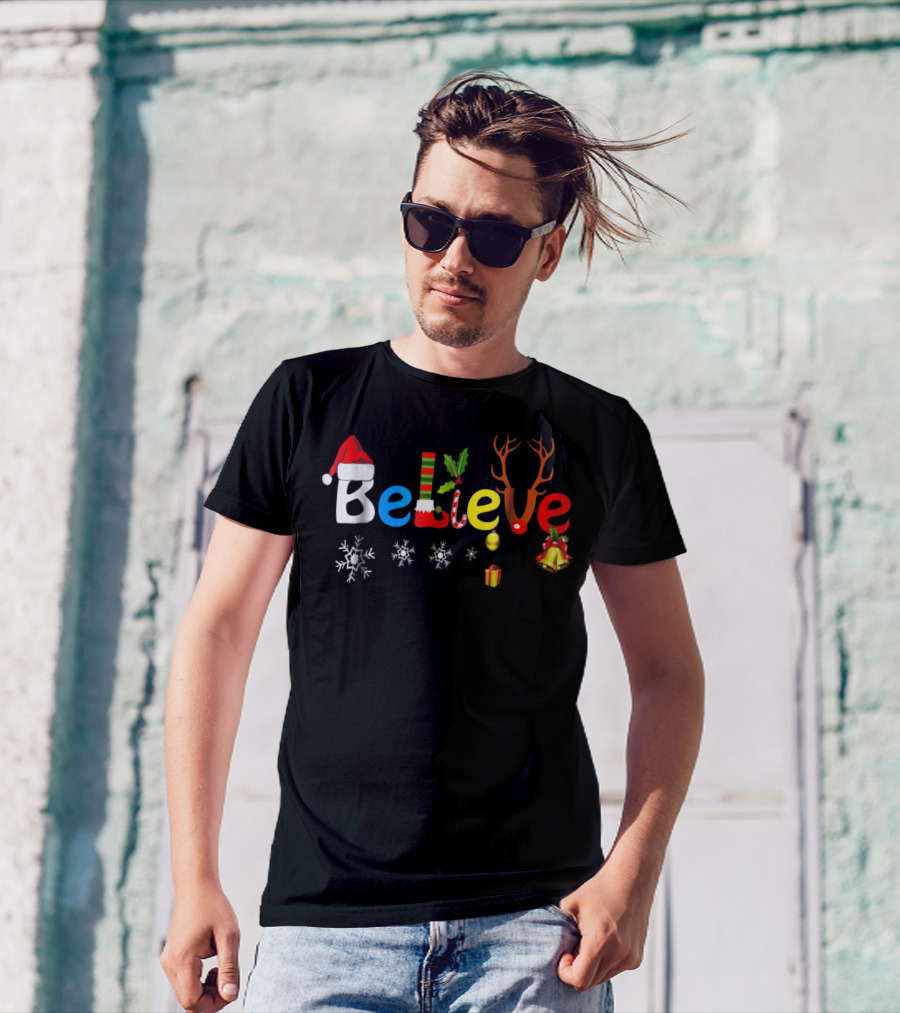 Believe In Santa Elf Reindeer Christmas Snowflakes And Bells T-Shirt
