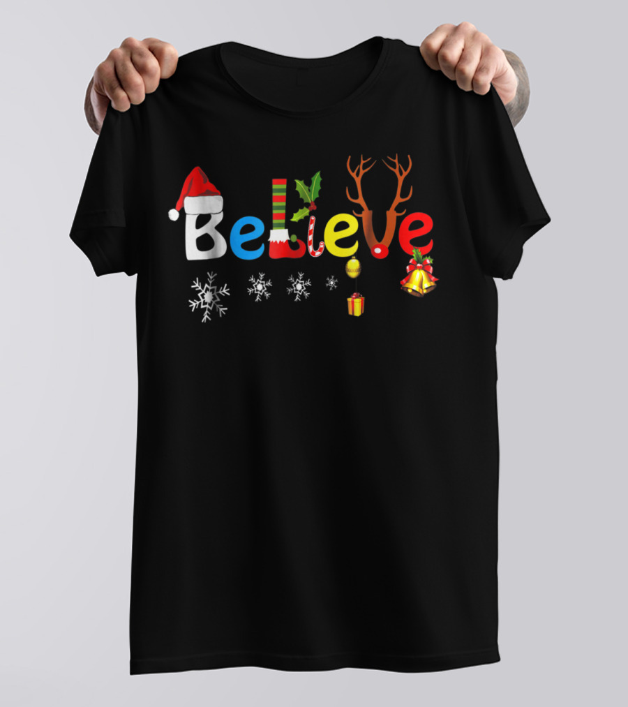 Believe In Santa Elf Reindeer Christmas Snowflakes And Bells T-Shirt