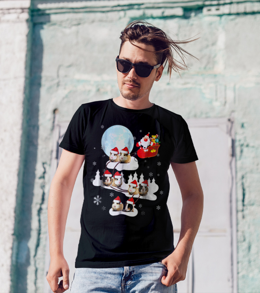 Santa Sleigh With Christmas Guinea Pigs And Snowflakes T-Shirt