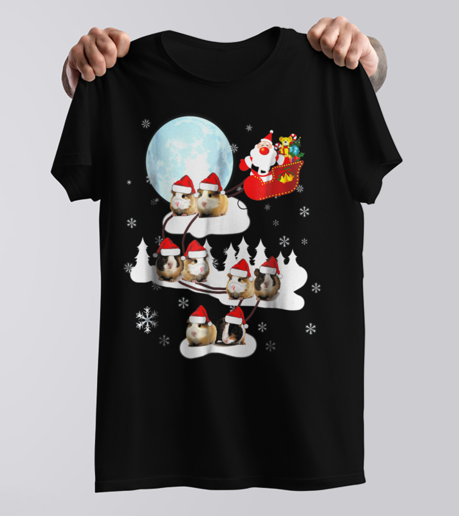 Santa Sleigh With Christmas Guinea Pigs And Snowflakes T-Shirt