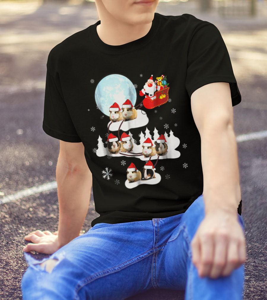 Santa Sleigh With Christmas Guinea Pigs And Snowflakes T-Shirt