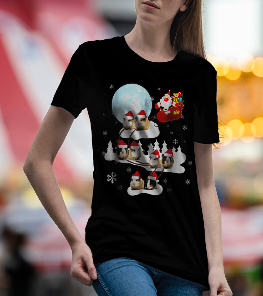 Santa Sleigh With Christmas Guinea Pigs And Snowflakes T-Shirt