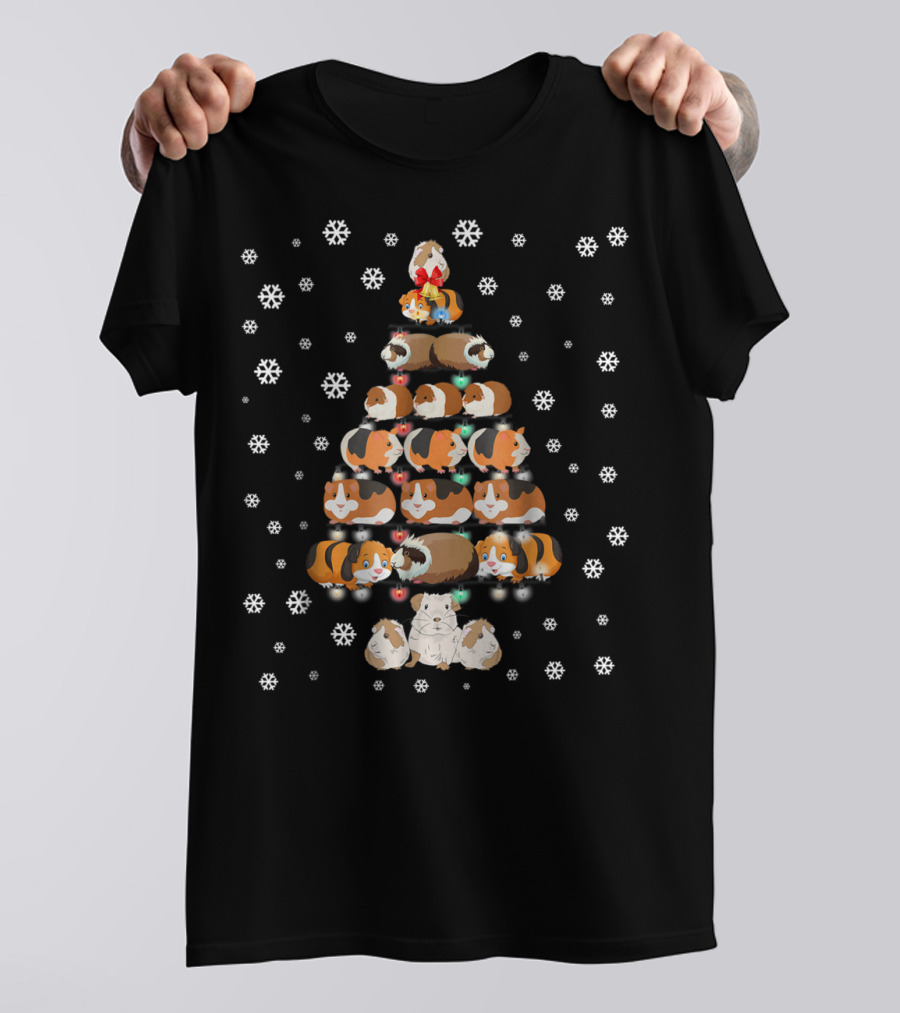 Guinea Pigs Stacked Like Christmas Tree Surrounded By Snowflakes T-Shirt