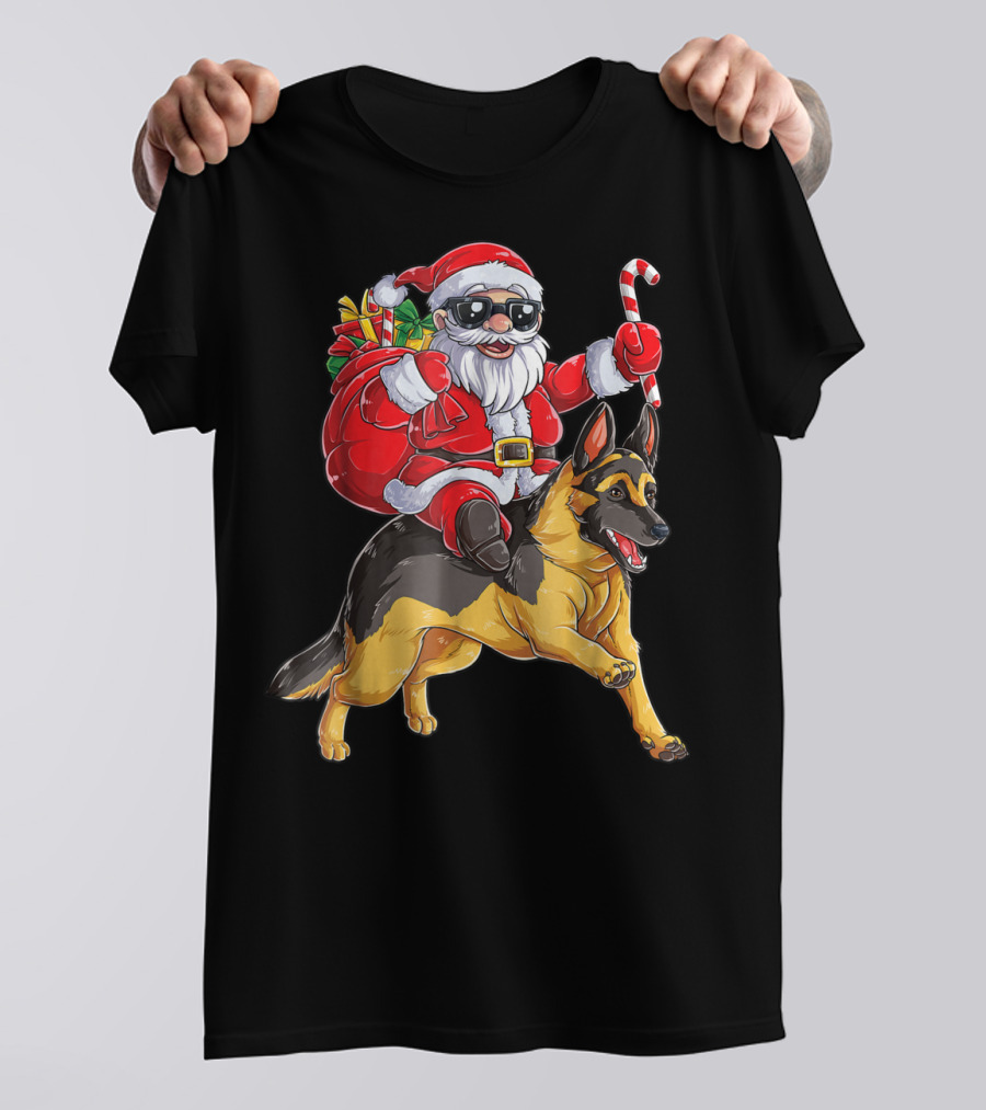 German Shepherd Christmas Santa Claus Riding With Candy Cane Woofmas T8 T-Shirt