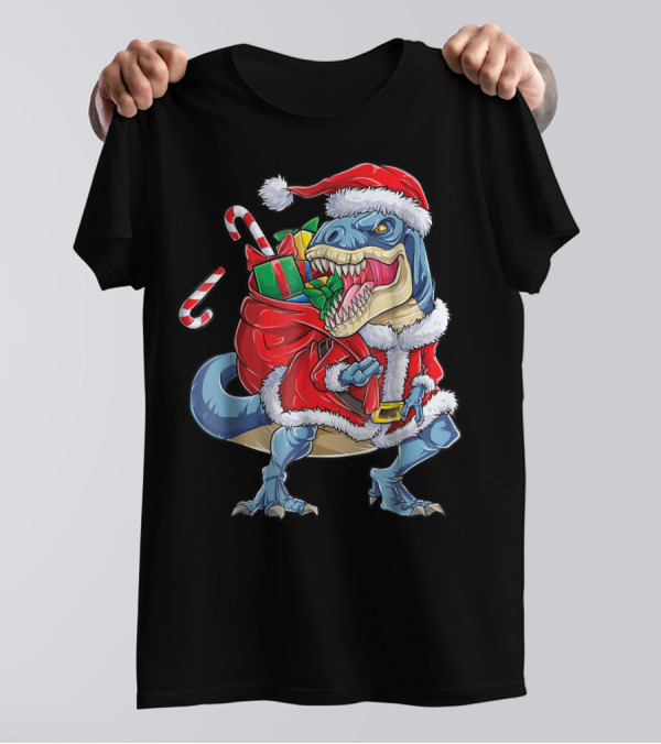 Santa Rex Dinosaur Christmas Boys Kids Xmas T-Shirt