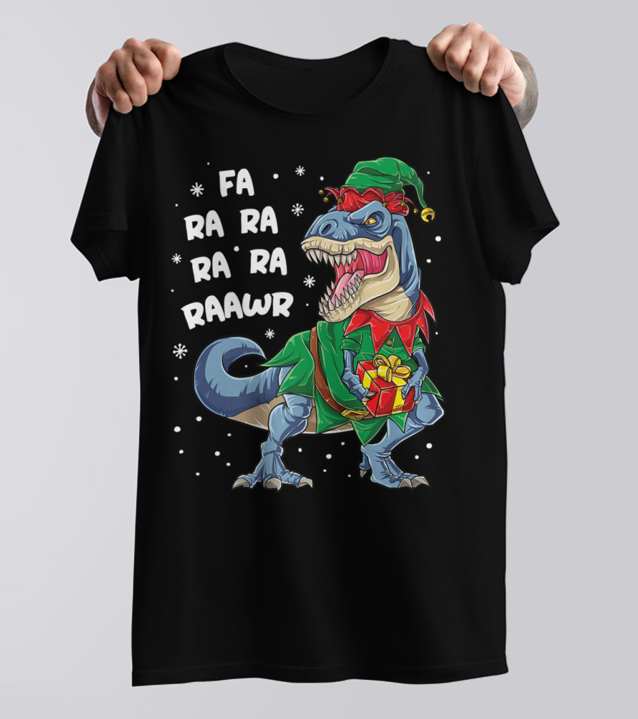 Fa Ra Ra Ra Rawr Dinosaur Christmas Rex Elf Holding Present T-Shirt