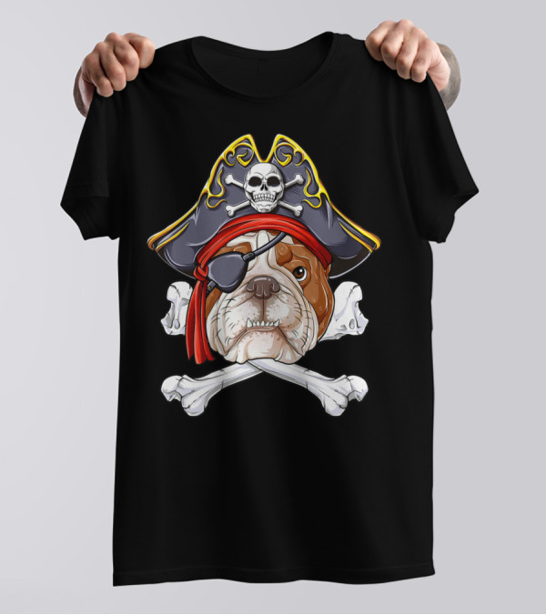 English Bulldog Wearing Pirate Hat With Jolly Roger Crossbones And Eyepatch T-Shirt