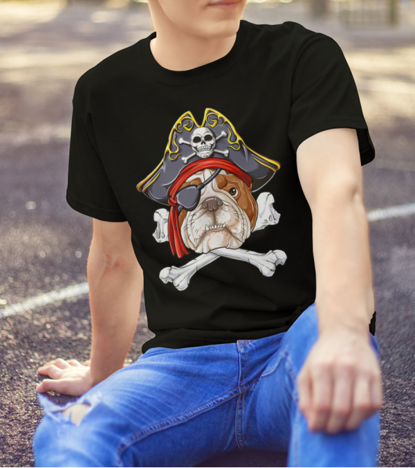 English Bulldog Wearing Pirate Hat With Jolly Roger Crossbones And Eyepatch T-Shirt