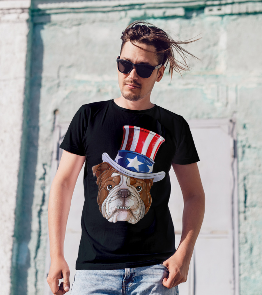 English Bulldog Wearing Uncle Sam Hat 4th Of July T-Shirt