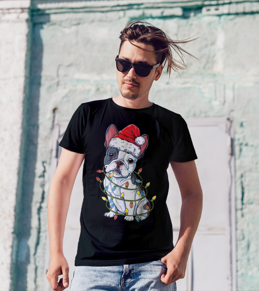 French Bulldog Christmas Santa Hat Wrapped In Xmas Lights T-Shirt