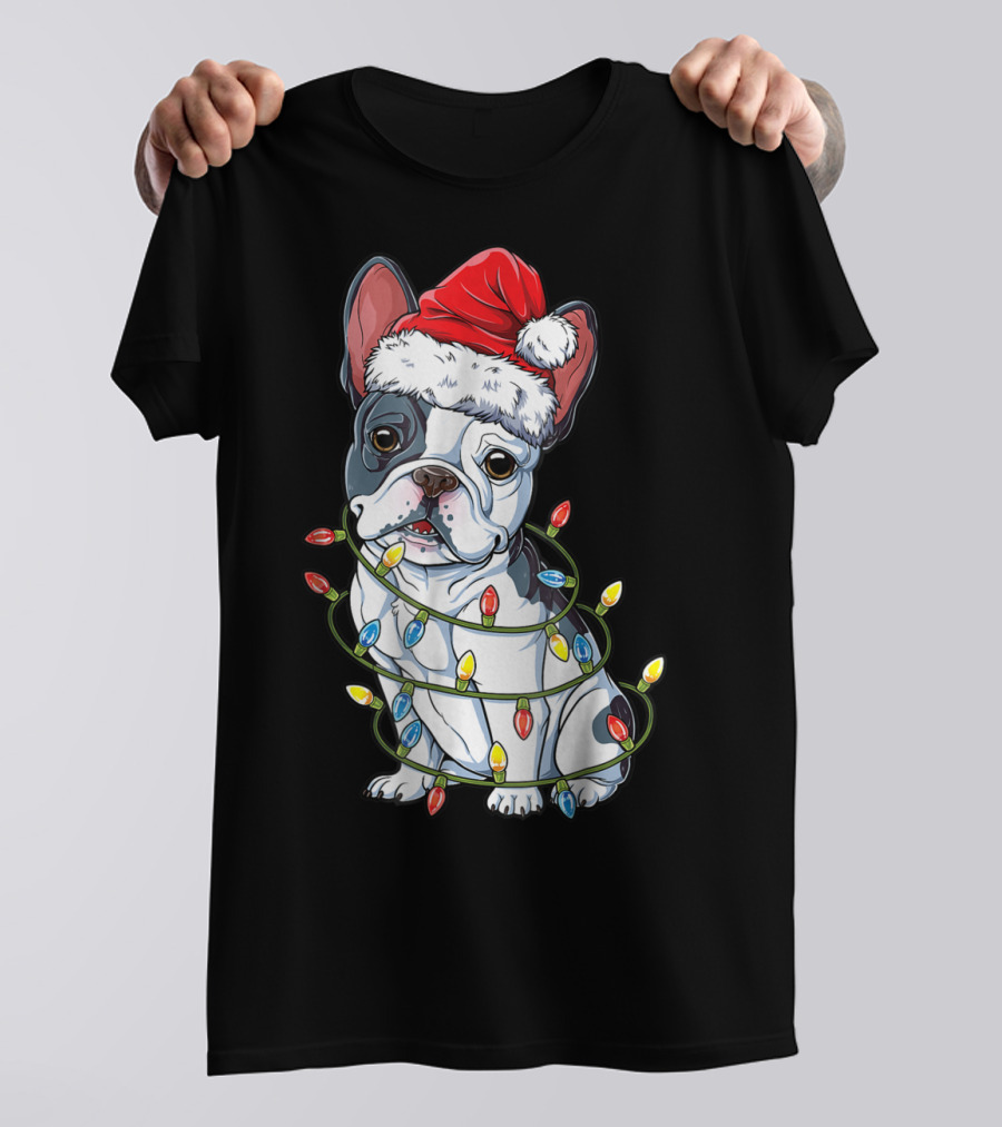 French Bulldog Christmas Santa Hat Wrapped In Xmas Lights T-Shirt