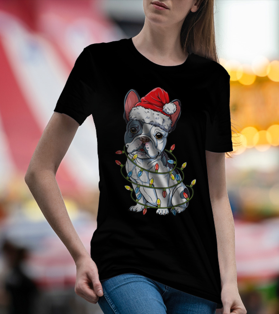 French Bulldog Christmas Santa Hat Wrapped In Xmas Lights T-Shirt