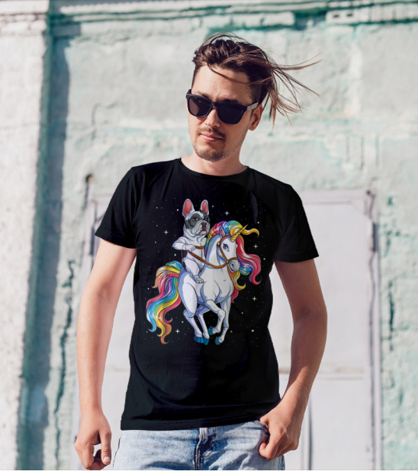 French Bulldog Riding Unicorn In Space Galaxy T-Shirt