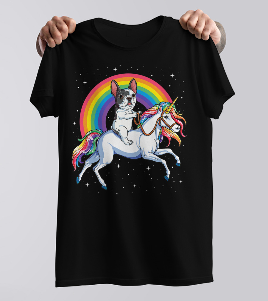 French Bulldog Riding Unicorn Rainbow Space Galaxy T-Shirt