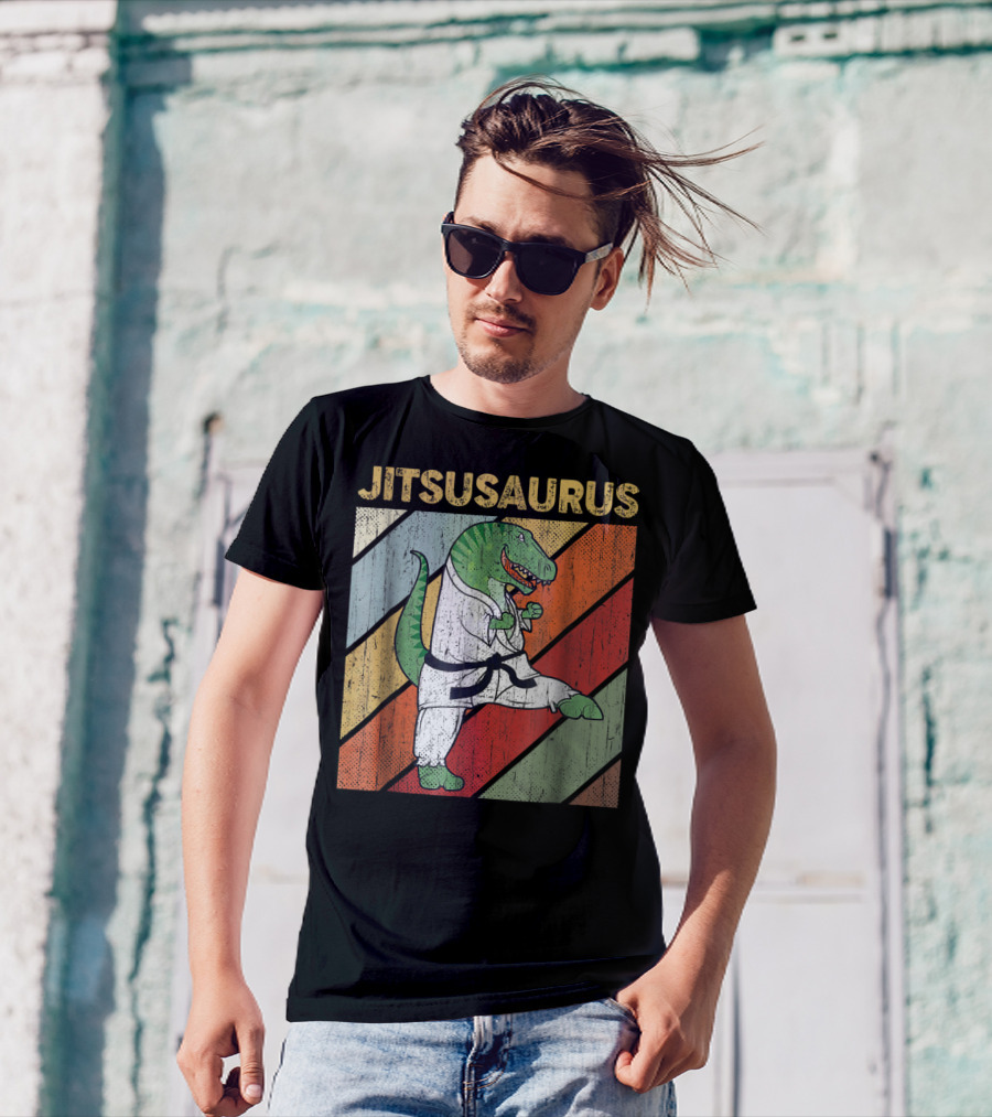 Jitsusaurus Dinosaur In Martial Arts Gi With Vintage Stripes T-Shirt