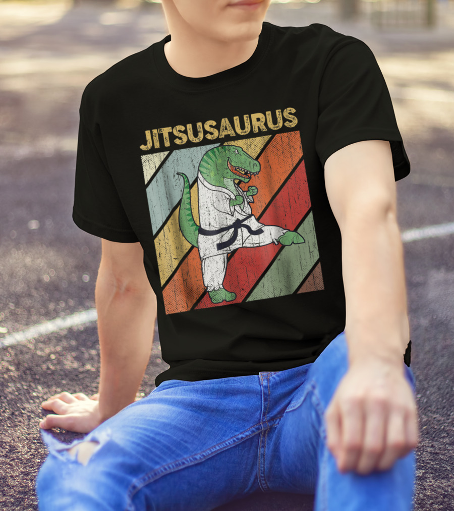 Jitsusaurus Dinosaur In Martial Arts Gi With Vintage Stripes T-Shirt