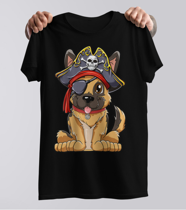 German Shepherd Pirate With Jolly Roger Skull Crossbones And Eyepatch T-Shirt