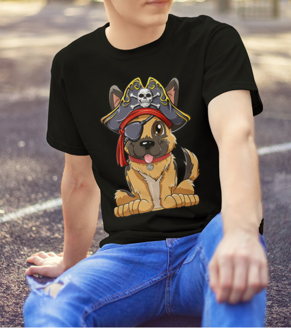 German Shepherd Pirate With Jolly Roger Skull Crossbones And Eyepatch T-Shirt