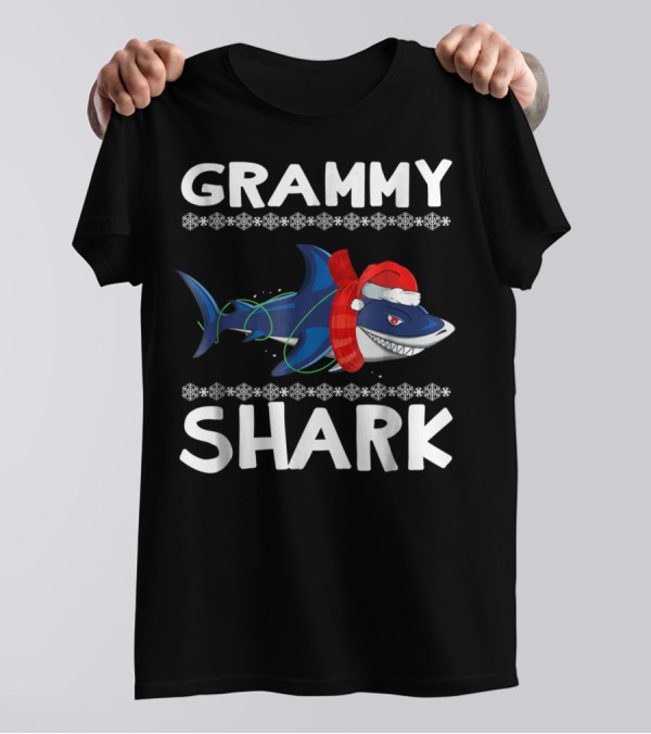 Grammy Shark Christmas Family With Santa Hat And Scarf T-Shirt