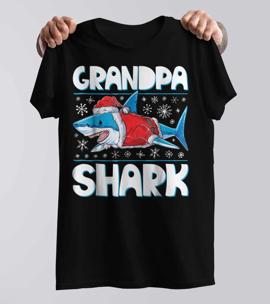 Grandpa Shark Santa With Snowflakes T-Shirt