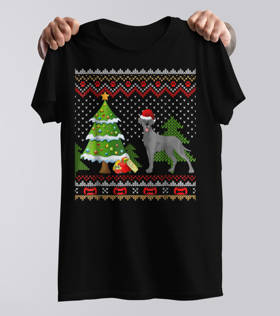 Great Danes Santa Christmas UglyDog Holiday Sweater Tree Present T-Shirt