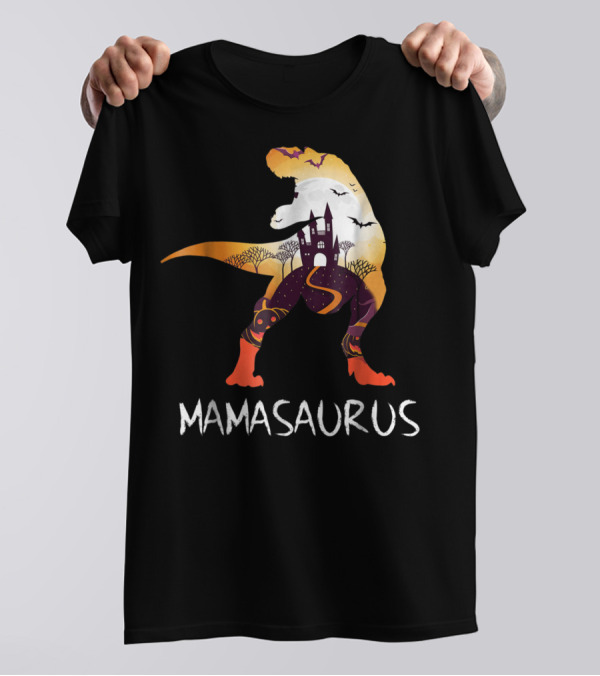 Mamasaurus Halloween Castle Bats T-Rex Scene T-Shirt
