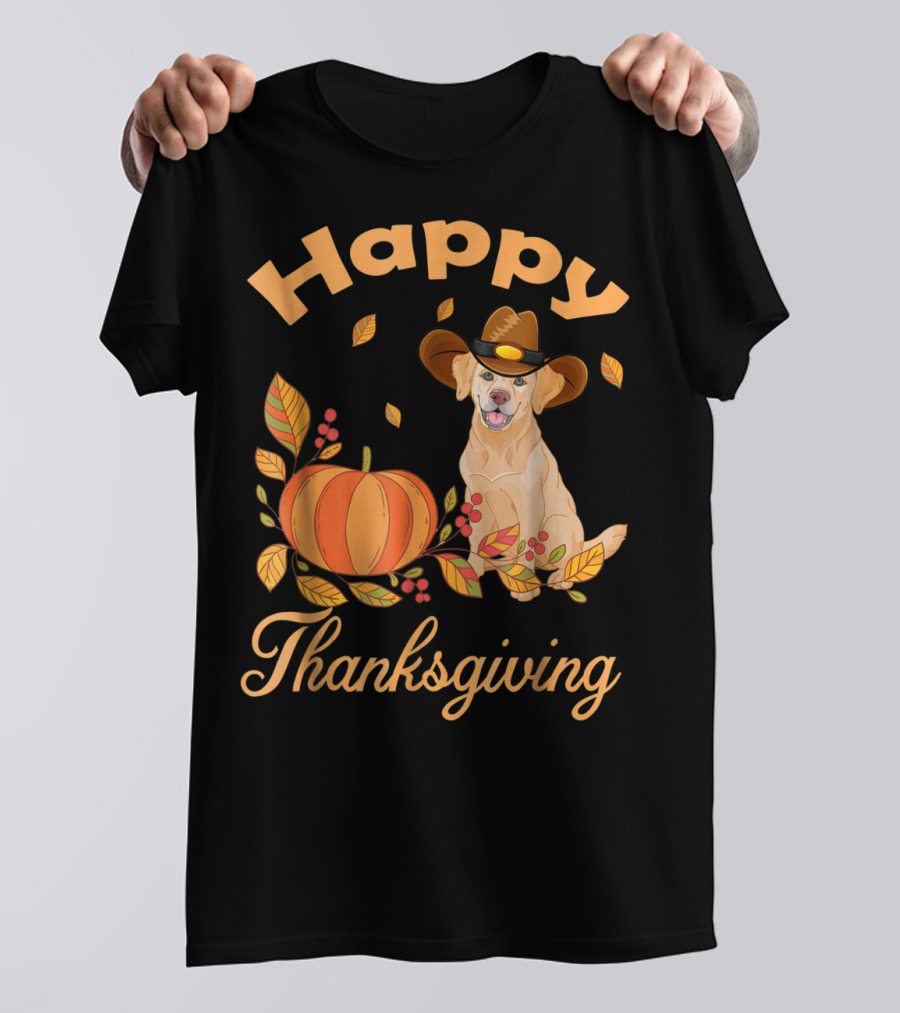 Happy Thanksgiving Golden Retriever With Pumpkin And Leaves T-Shirt