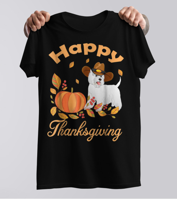 Happy Thanksgiving Westie Pilgrim Dog With Pumpkin And Leaves T-Shirt