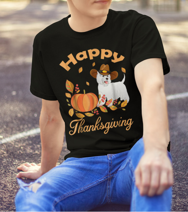 Happy Thanksgiving Westie Pilgrim Dog With Pumpkin And Leaves T-Shirt