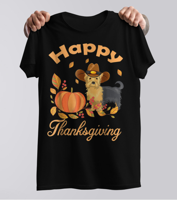 Happy Thanksgiving Yorkie With Pilgrim Hat And Autumn Pumpkin Leaves T-Shirt