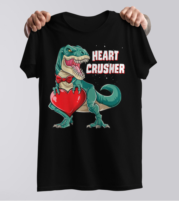 Heart Crusher Valentines Day Dinosaur Rex Bowtie Holding Heart T-Shirt