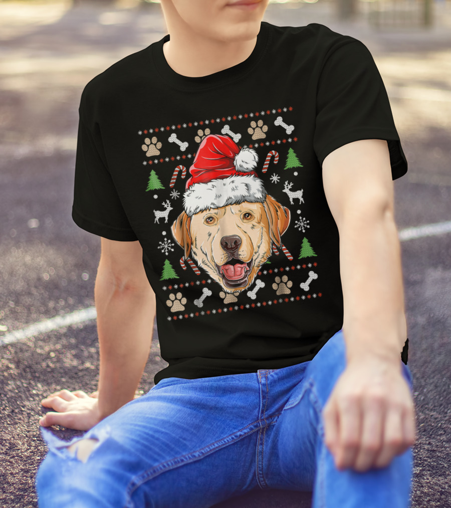 Labrador Ugly Christmas Sweater Santa Hat Xmas Dog Candy Cane Paw Print Snowflake T-Shirt