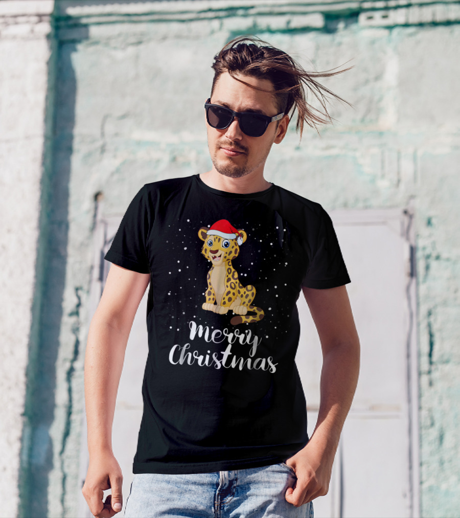 Merry Christmas Leopard Santa Hat Matching Family Group T-Shirt