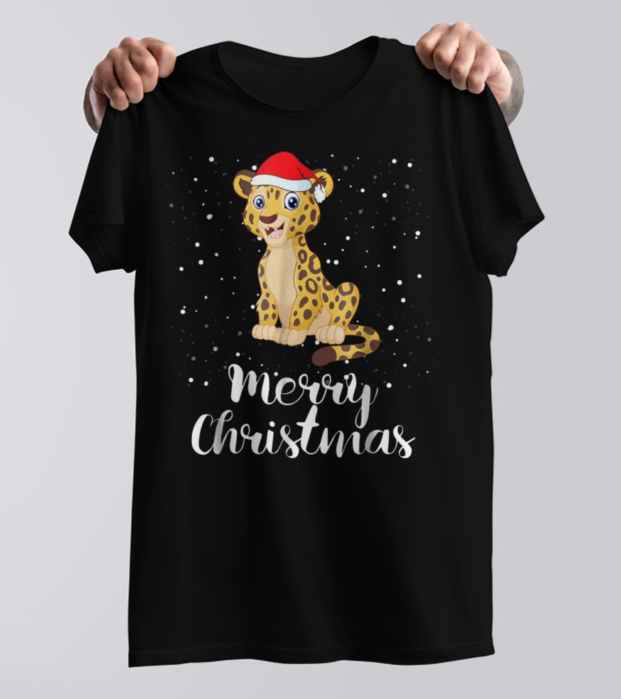 Merry Christmas Leopard Santa Hat Matching Family Group T-Shirt