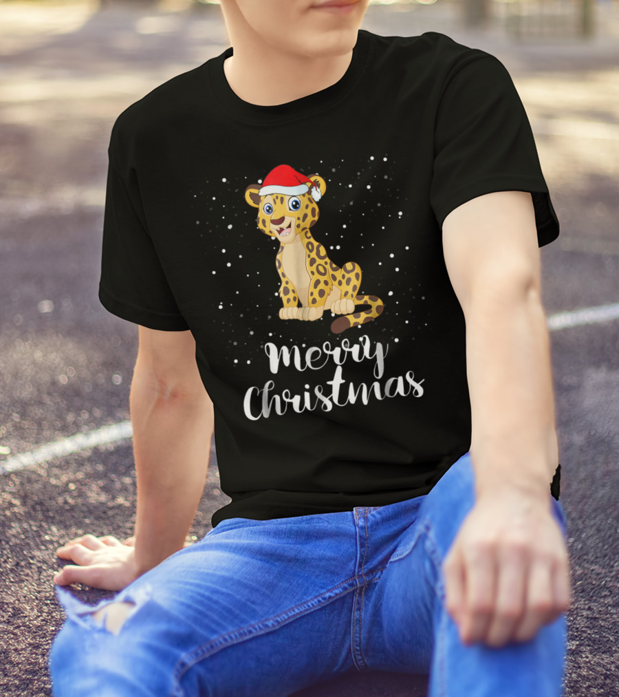 Merry Christmas Leopard Santa Hat Matching Family Group T-Shirt