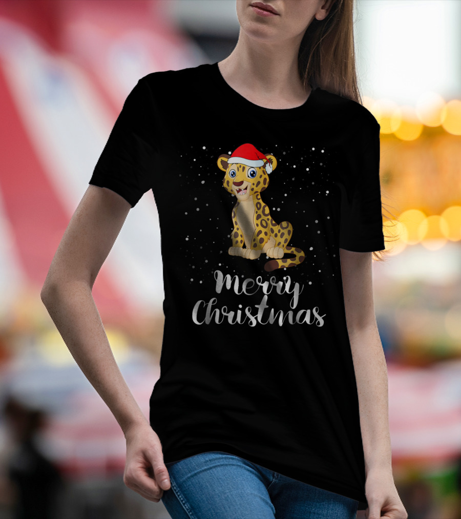 Merry Christmas Leopard Santa Hat Matching Family Group T-Shirt