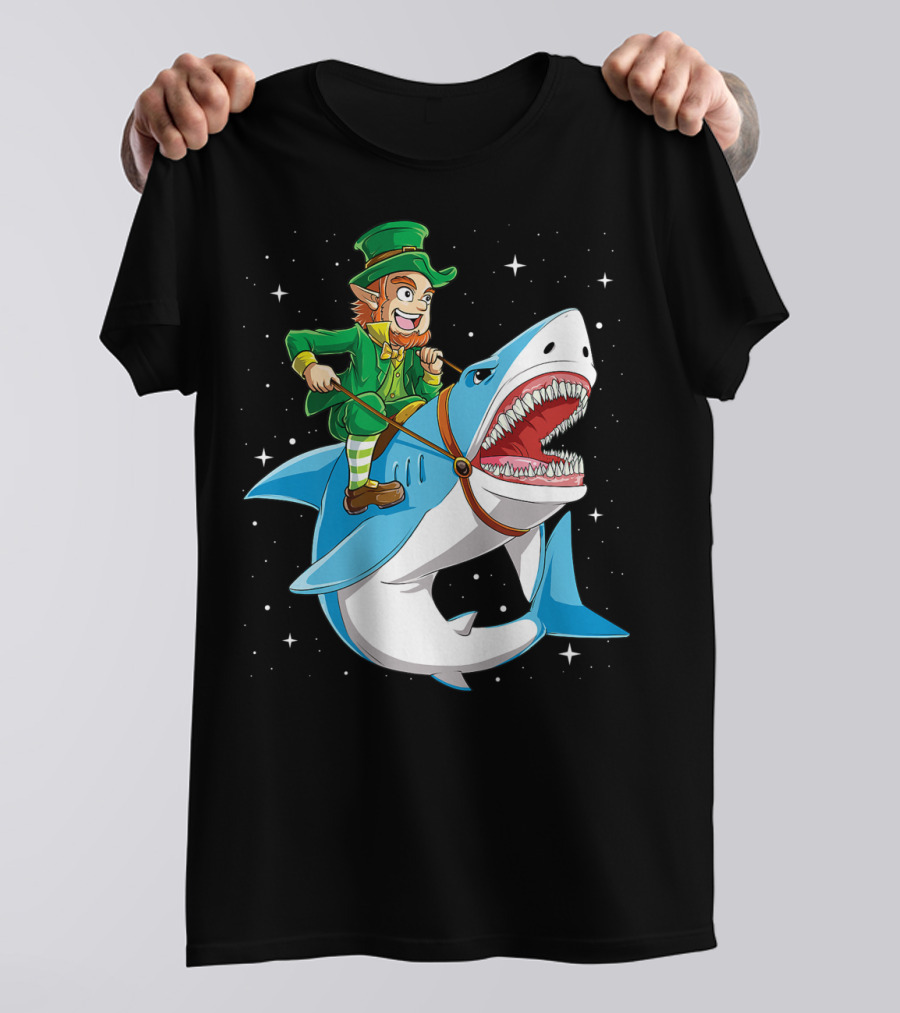 Leprechaun Riding Shark Happy St Patricks Day Fun Boys Adventure T-Shirt
