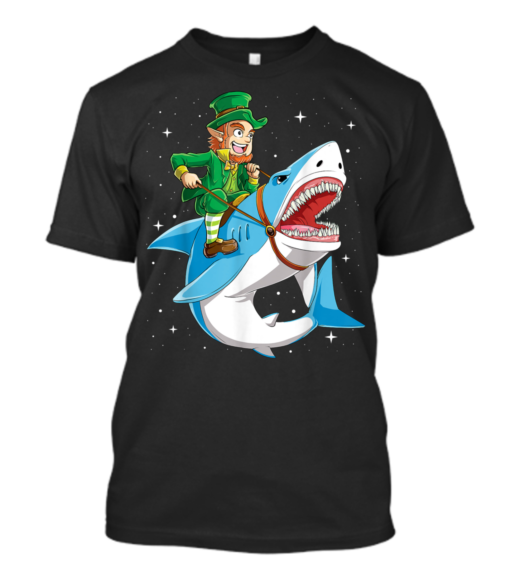 Leprechaun On Great White Shark With Starry Background T-Shirt