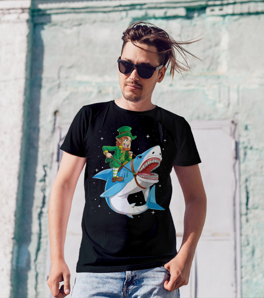 Leprechaun On Great White Shark With Starry Background T-Shirt
