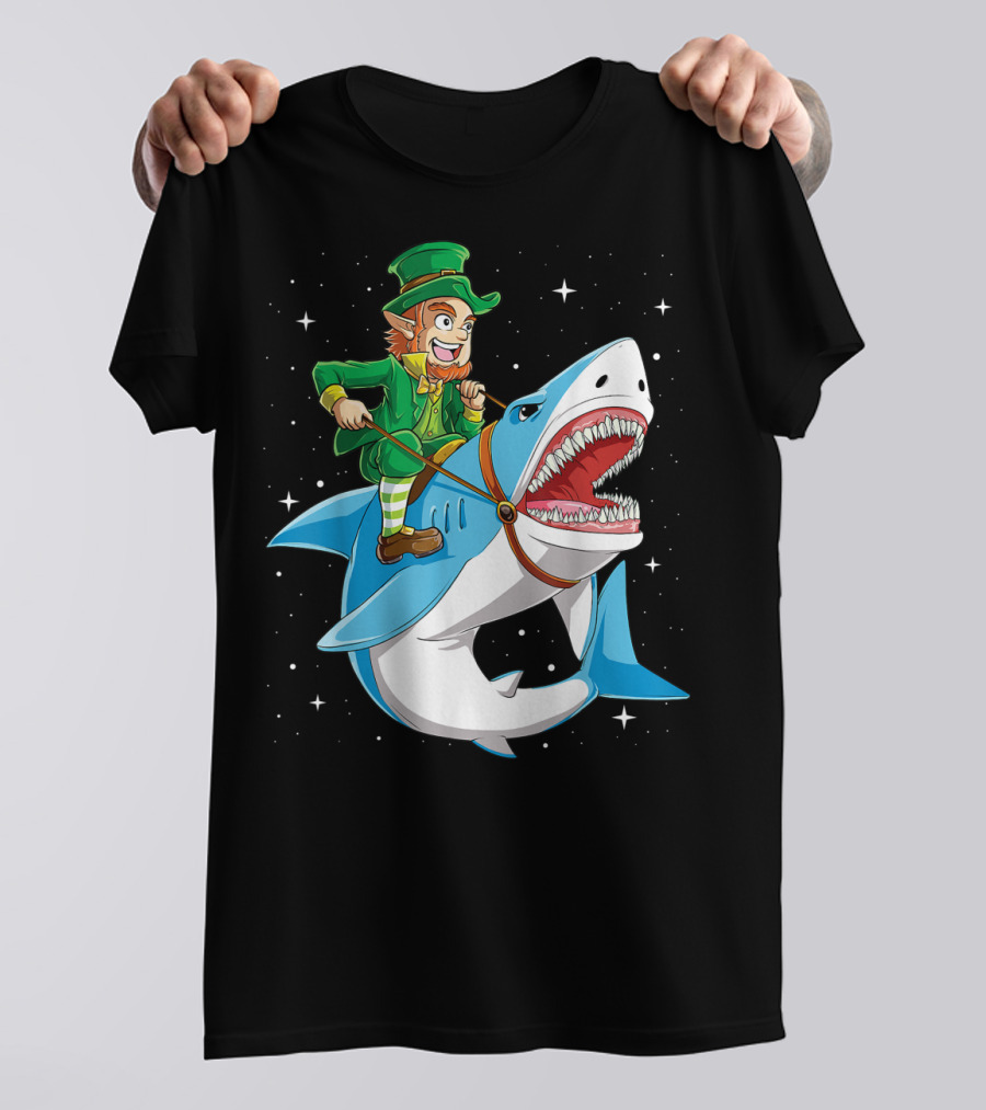 Leprechaun On Great White Shark With Starry Background T-Shirt