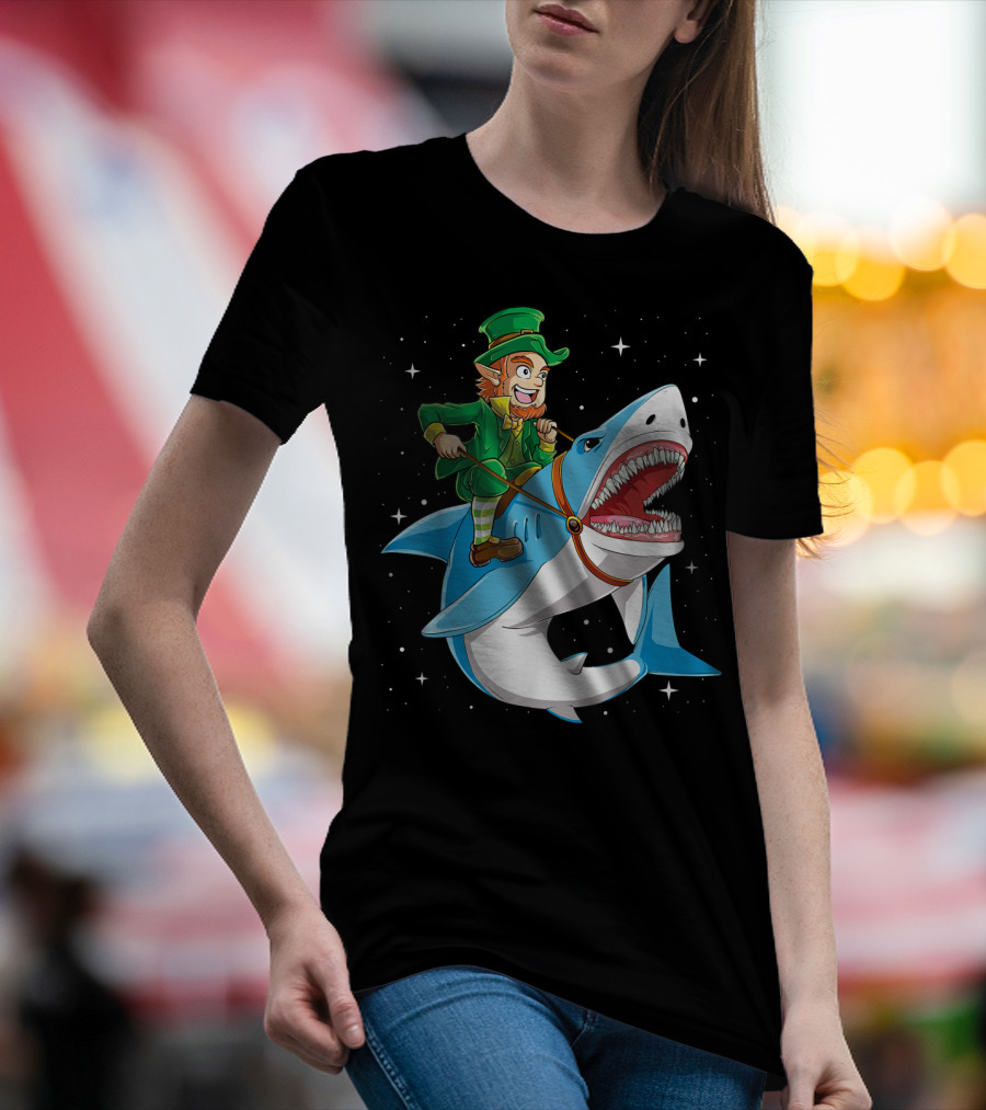 Leprechaun On Great White Shark With Starry Background T-Shirt