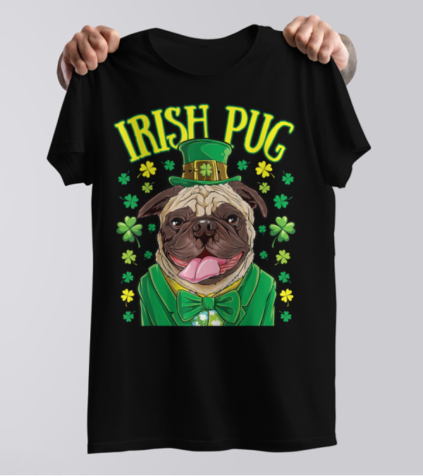 Irish Pug Leprechaun St Patricks Day Boys Dog Shamrock Hat Bow Tie T-Shirt
