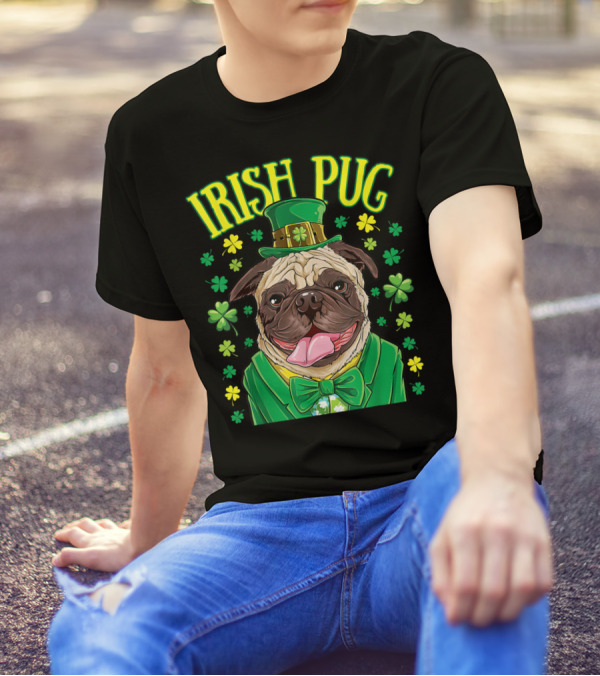 Irish Pug Leprechaun St Patricks Day Boys Dog Shamrock Hat Bow Tie T-Shirt
