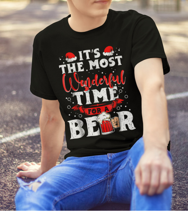 It's The Most Wonderful Time For A Beer Santa Hat Bubbles Cheers T-Shirt